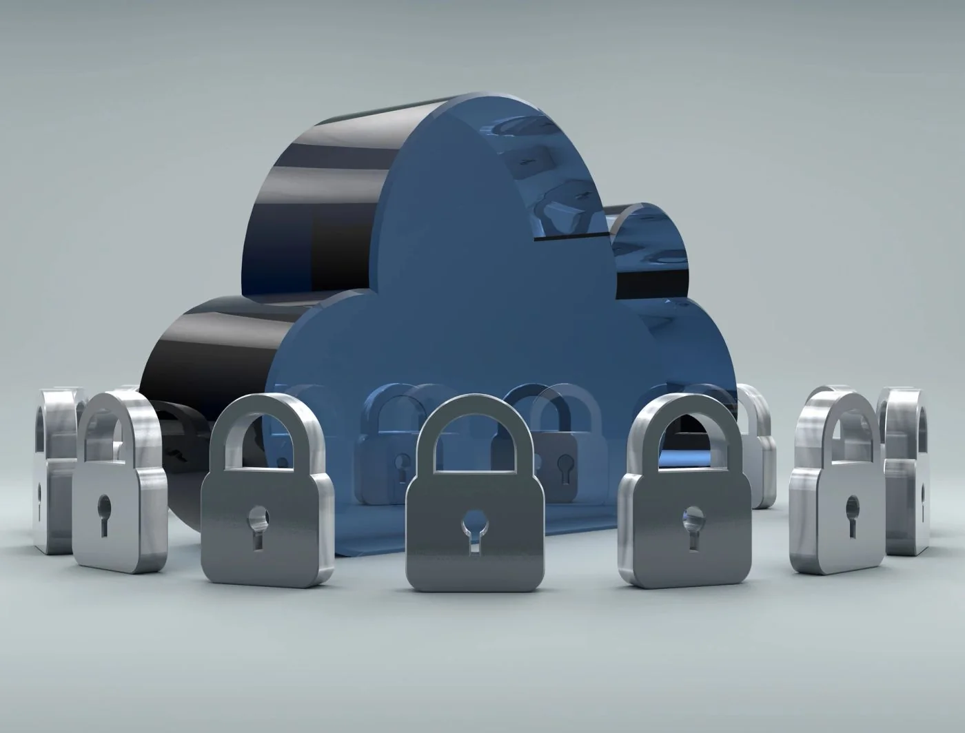 Cloud and padlocks illustrating connected data systems